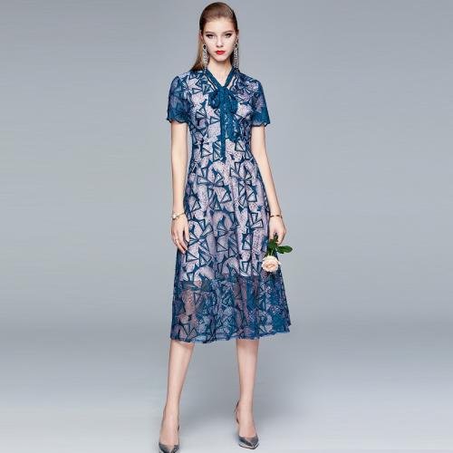 Gauze & Polyester One-piece Dress see through look & double layer & breathable embroidered blue PC