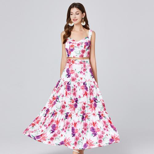 Polyester Two-Piece Dress Set large hem design & two piece & off shoulder printed floral pink Set