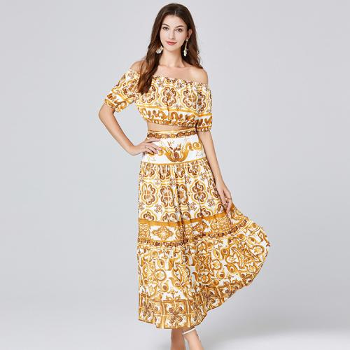 Polyester Two-Piece Dress Set & two piece & off shoulder & breathable printed yellow Set