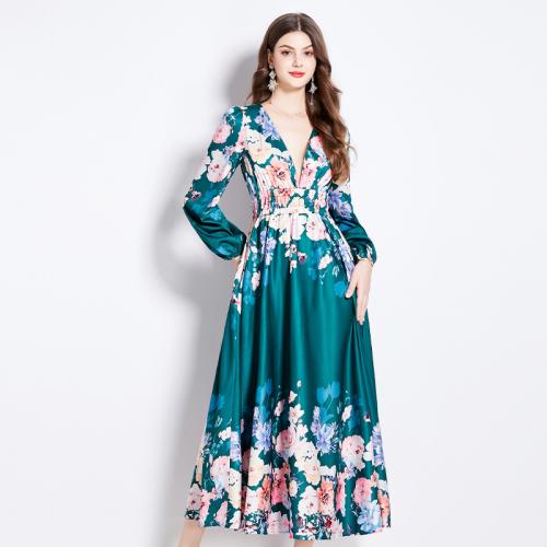 Real Silk & Polyester Soft One-piece Dress large hem design & deep V printed floral green PC