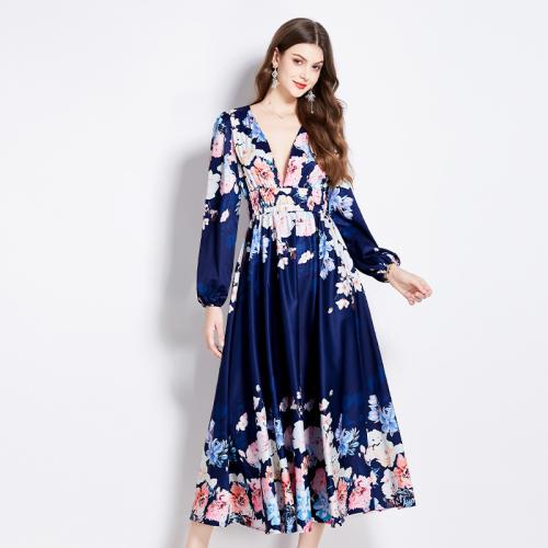 Polyester Waist-controlled One-piece Dress deep V & loose printed floral blue PC