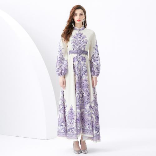 Polyester Soft One-piece Dress slimming & ankle-length printed purple PC