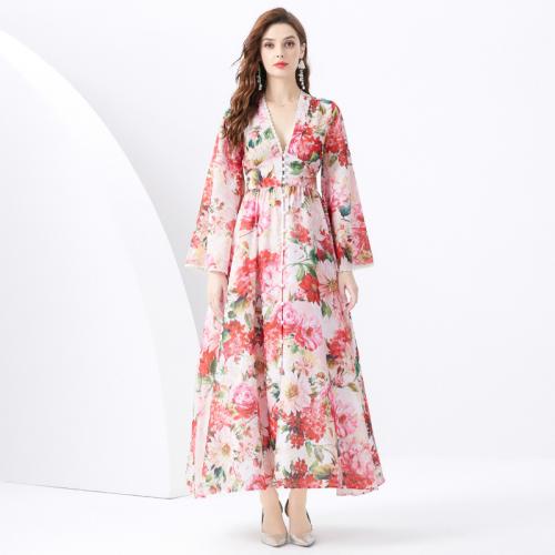 Polyester Waist-controlled One-piece Dress large hem design & breathable printed floral pink PC