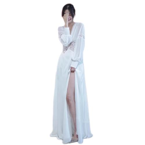 Polyester Plus Size Long Evening Dress side slit patchwork Solid white PC