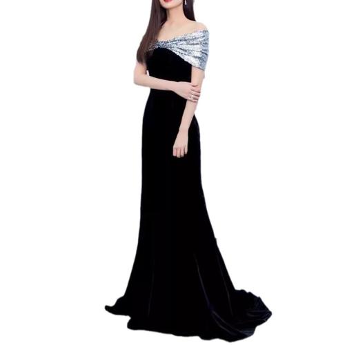 Polyester Plus Size & Mermaid Long Evening Dress & tube patchwork Solid black PC