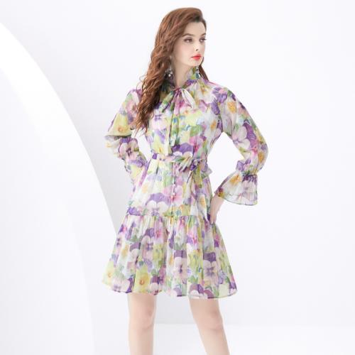 Chiffon Waist-controlled & Soft One-piece Dress double layer printed floral PC