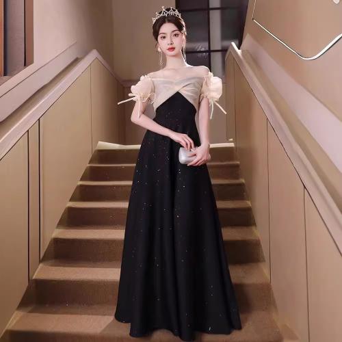Polyester Slim & Plus Size Long Evening Dress patchwork black PC