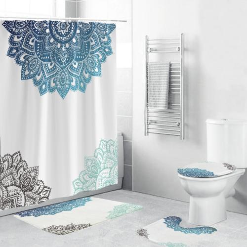 Polyester dampproof & Waterproof Shower Curtain four piece printed blue Set