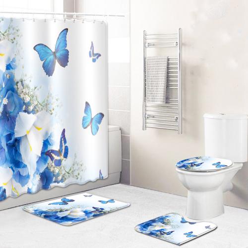 Polyester Waterproof Bathroom Accessories Set for bathroom & four piece printed butterfly pattern blue Set