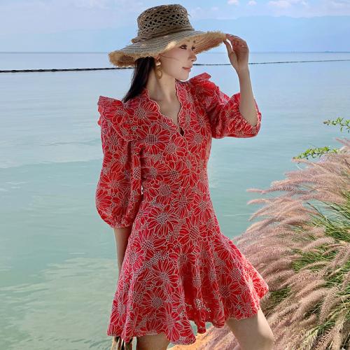 Polyester Slim One-piece Dress embroidered floral PC