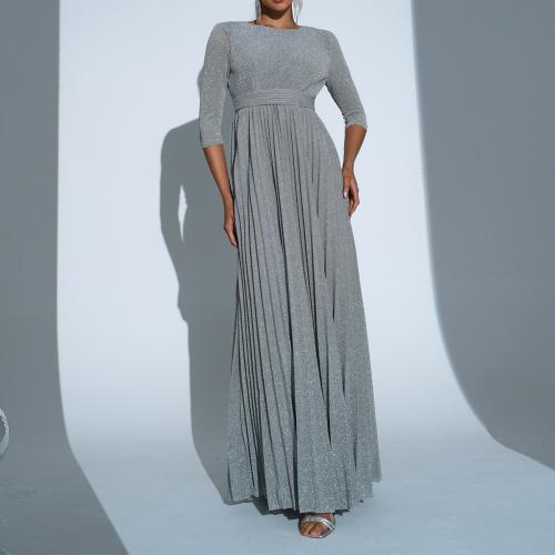 Polyester High Waist Long Evening Dress large hem design patchwork Solid gray PC