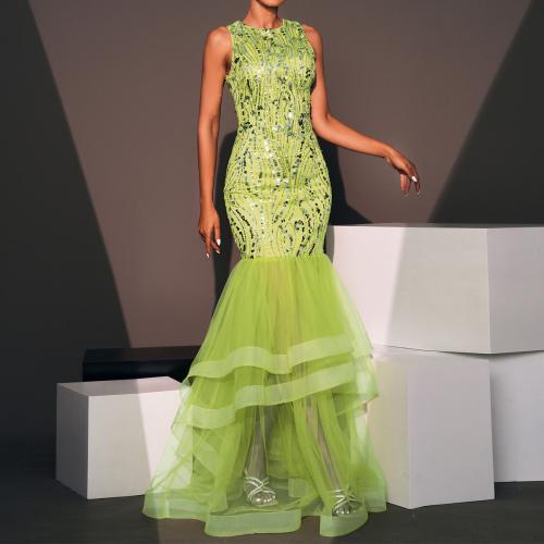 Polyester High Waist Long Evening Dress Sequin patchwork green PC