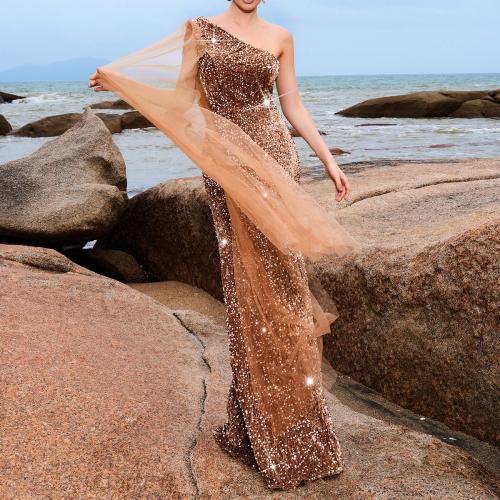 Polyester High Waist Long Evening Dress & One Shoulder Sequin patchwork Solid brown PC