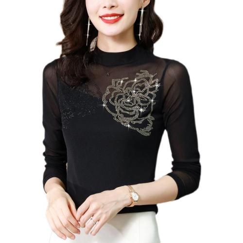 Spandex & Polyester Vrouwen lange mouwen blouses ijzer-op Bloemen Zwarte stuk