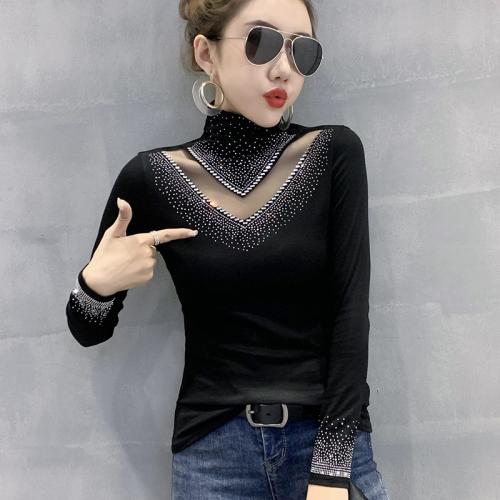 Cotton Soft & Slim Women Long Sleeve Blouses see through look Solid black PC