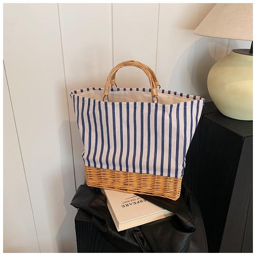 Rattan & Canvas Tote Bag Handbag large capacity striped blue PC