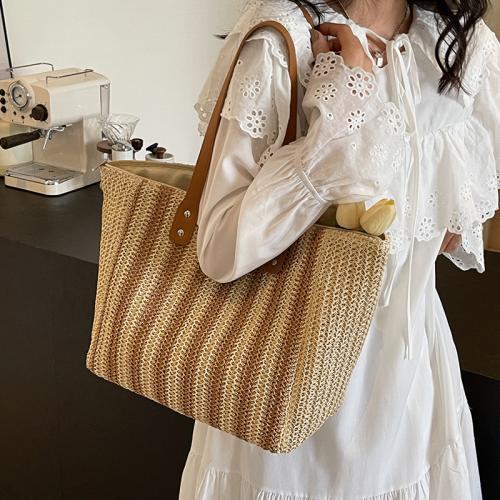 Straw Tote Bag & Handmade Woven Shoulder Bag large capacity PU Leather & Nylon striped PC