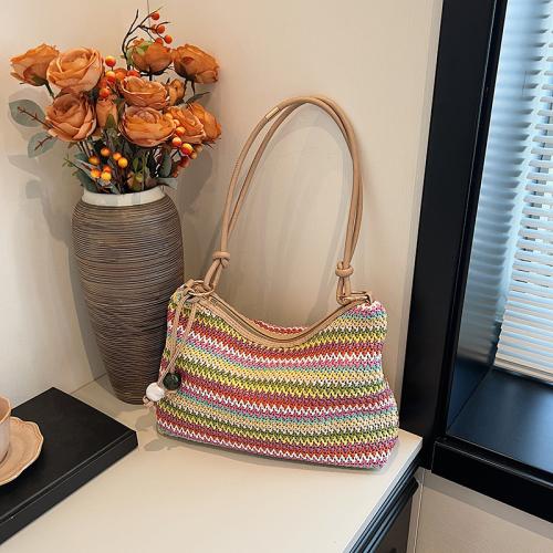 Straw Tote Bag & Handmade Woven Shoulder Bag large capacity striped PC