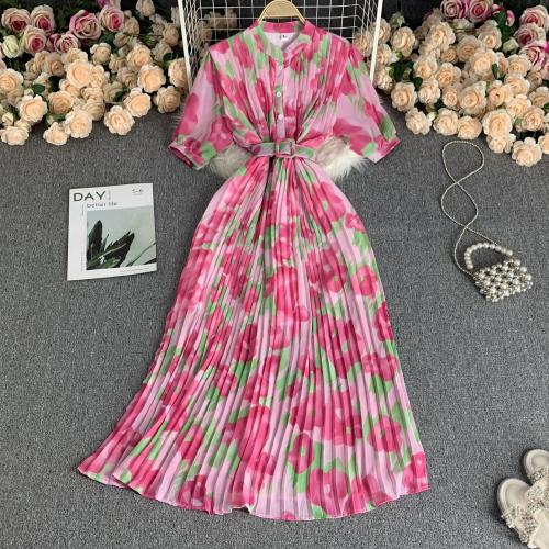 Chiffon Waist-controlled & Pleated One-piece Dress breathable printed : PC