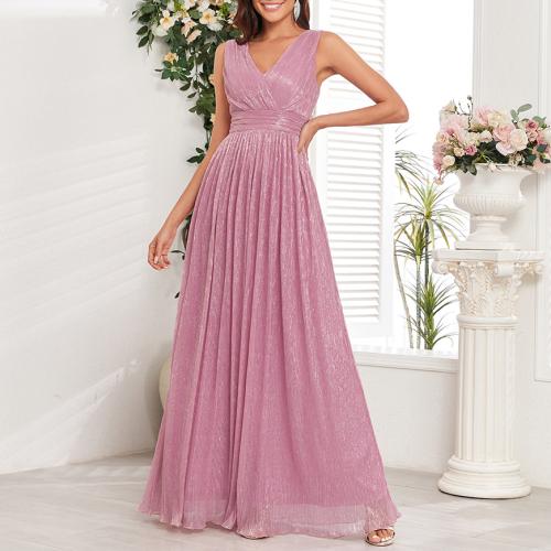 Polyester Long Evening Dress large hem design Solid pink PC