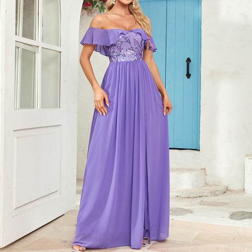 Polyester Long Evening Dress side slit & off shoulder Sequin patchwork purple PC