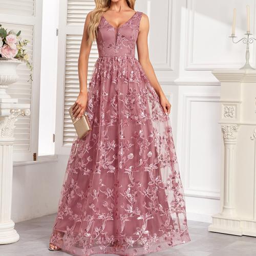 Polyester Long Evening Dress large hem design floral pink PC