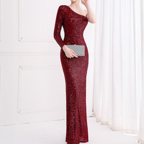 Spandex & Polyester Long Evening Dress side slit & One Shoulder Solid PC