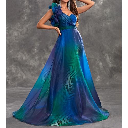 Polyester Long Evening Dress large hem design & One Shoulder multi-colored PC