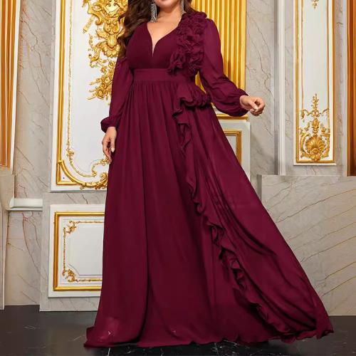 Chiffon & Polyester Plus Size Long Evening Dress large hem design Solid wine red PC