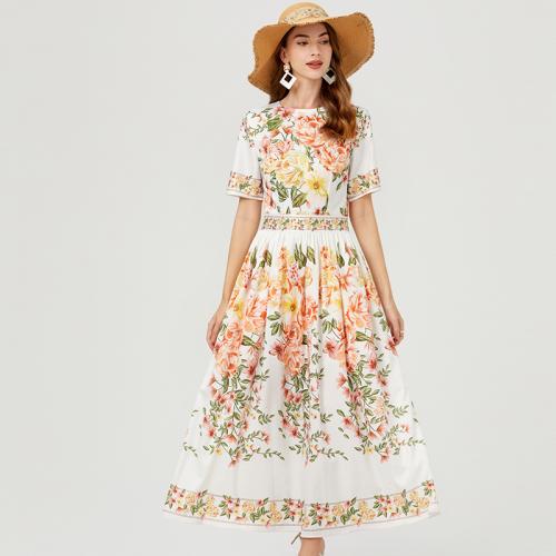 Acrylic Waist-controlled One-piece Dress large hem design & slimming printed floral white PC