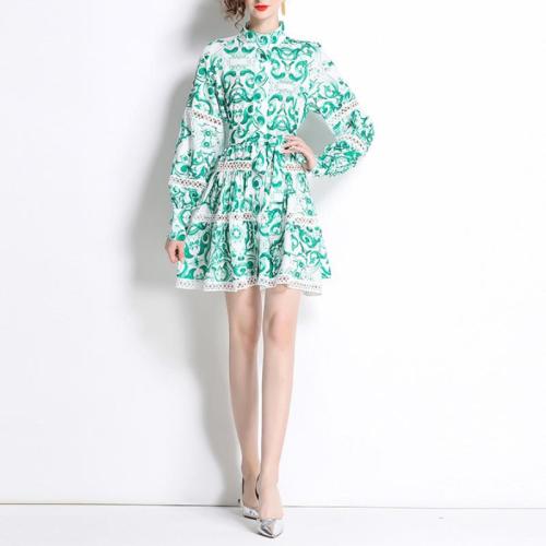 Polyester One-piece Dress slimming printed green PC