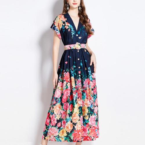 Polyester Waist-controlled One-piece Dress slimming & deep V printed PC