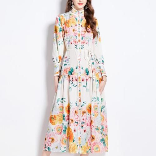 Jute Waist-controlled One-piece Dress slimming printed PC