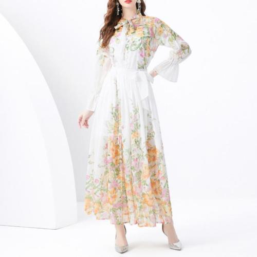 Chiffon Waist-controlled & long style One-piece Dress slimming printed PC