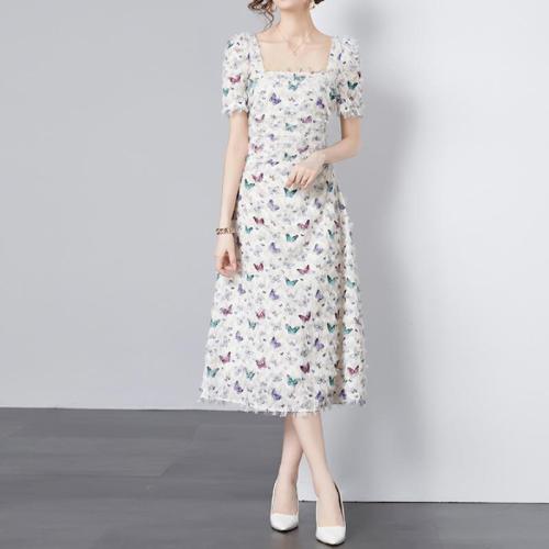 Jute Waist-controlled One-piece Dress slimming printed PC