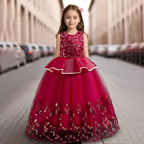 Sequin & Gauze & Polyester Princess & Ball Gown Girl One-piece Dress large hem design Solid PC