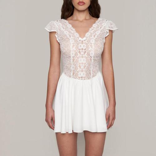 Lace & Polyester Slim One-piece Dress see through look patchwork Solid white PC