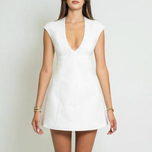 Polyester Slim One-piece Dress deep V patchwork Solid white PC