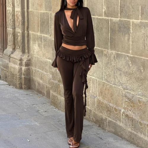 Polyester Vrouwen Casual Set Lange broek & blouses met lange mouwen Lappendeken Solide Brown Instellen