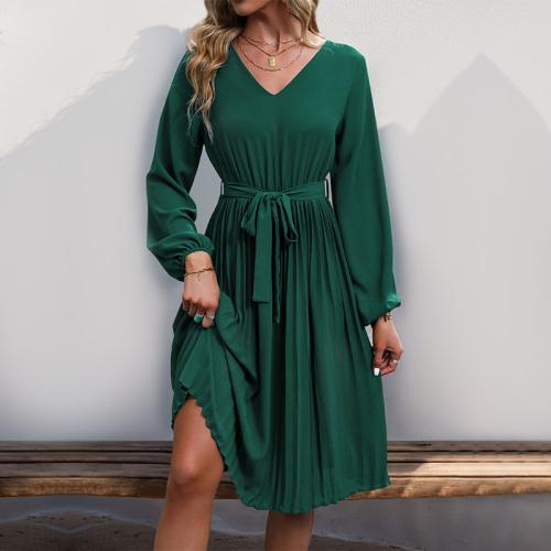 Polyester Soft & Pleated One-piece Dress & breathable Solid green PC