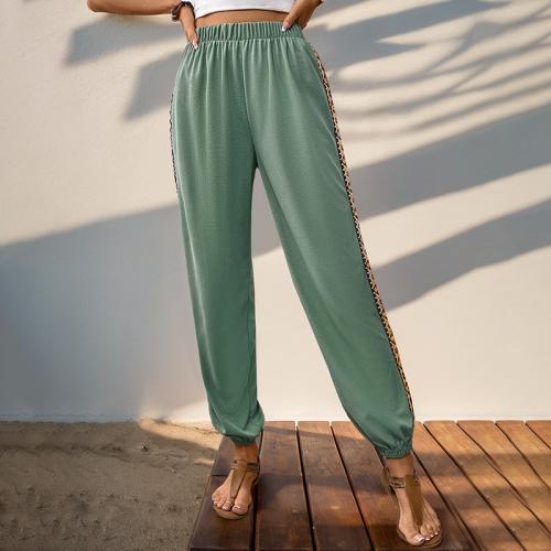 Polyester elastic waist & Slim Women Long Trousers & breathable Solid green PC