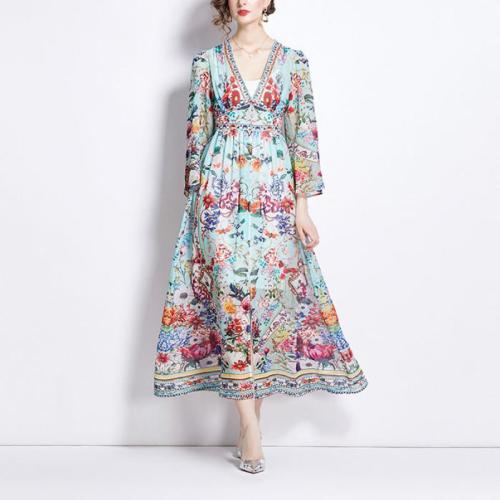 Chiffon One-piece Dress slimming & deep V printed PC