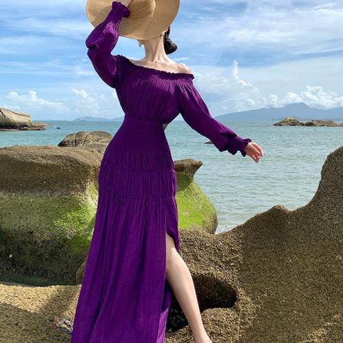 Polyester Slim One-piece Dress side slit purple : PC