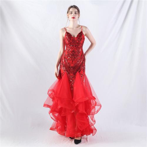 Sequin & Gauze & Polyester Slim Long Evening Dress see through look & deep V PC