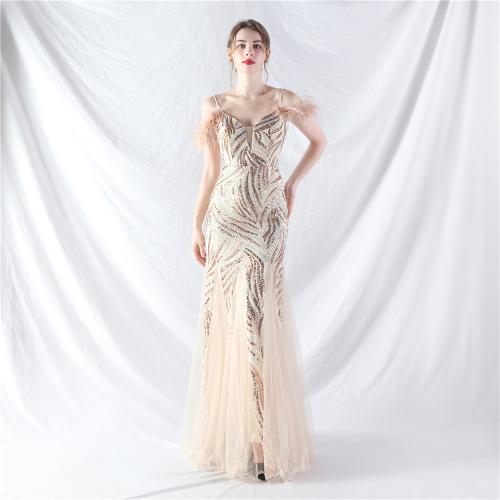 Sequin & Gauze & Polyester Slim Long Evening Dress deep V & off shoulder PC