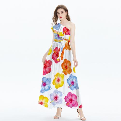 Polyester shoulder slope & scallop & Slim One-piece Dress large hem design printed floral mixed colors PC