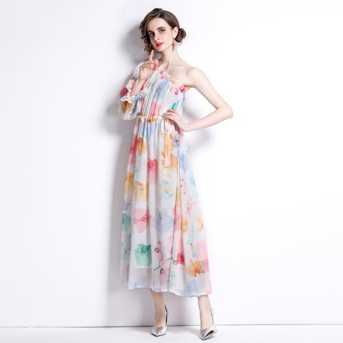 Polyester shoulder slope & Slim & High Waist One-piece Dress printed floral mixed colors PC