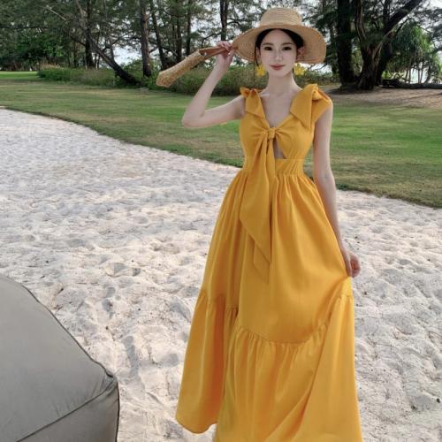 Polyester A-line & High Waist Slip Dress slimming patchwork yellow PC