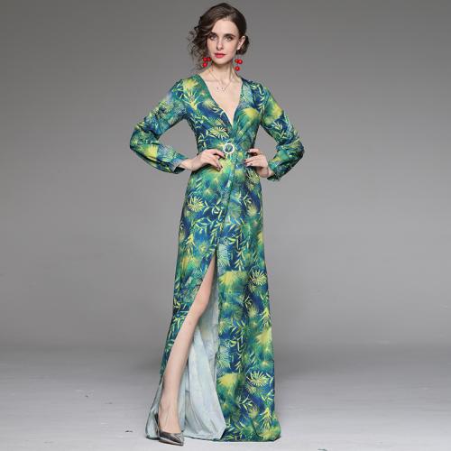 Polyester front slit & High Waist One-piece Dress slimming printed leaf pattern green PC