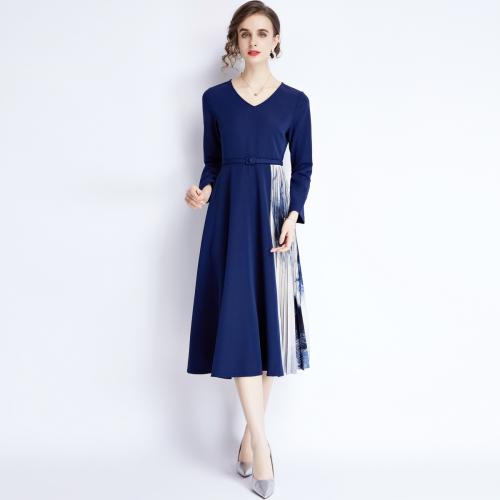 Polyester Slim One-piece Dress mid-long style plain dyed deep blue PC